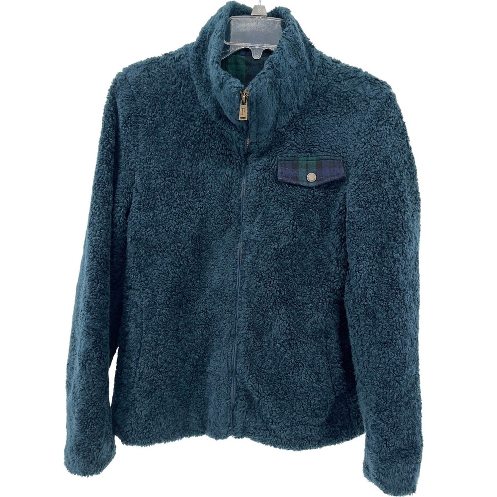 Pendleton Womens Sherpa Fleece Full Zip Jacket Teal Blue Plaid Trim S wool blend